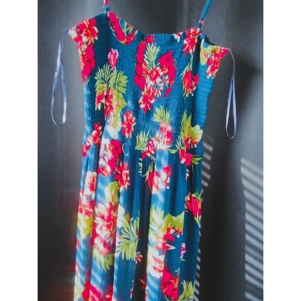 Ambiance Tropical Floral Smocked Wide Leg Jumpsuit Blue Red Large Summer Beach